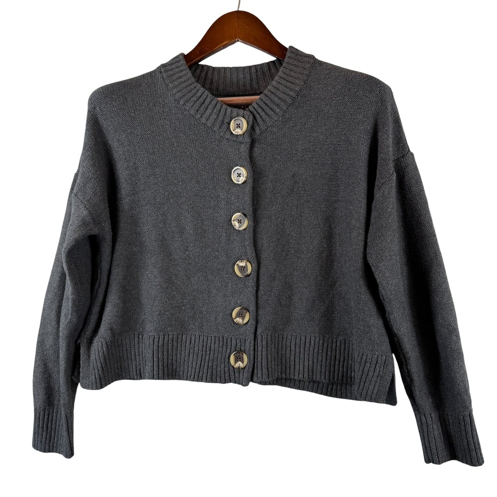Quince 100% Organic Cotton Cropped Cardigan Charcoal Gray S Button Front Classic
